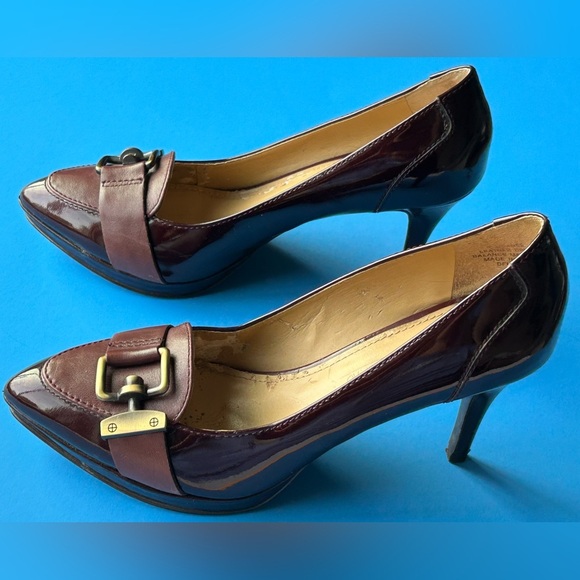 Vintage Circa Joan & David Dark Maroon Leather Heels Gold Brushed Buckle Size 6 - Picture 8 of 12